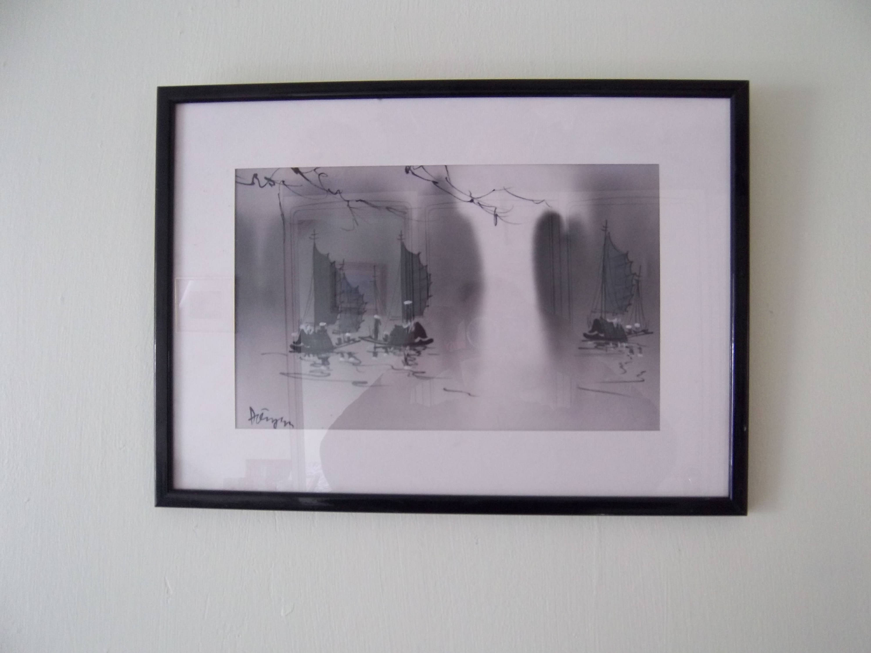 Cadre Scène Vietnamienne en Noir et Blanc sur Soie