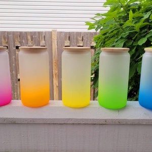 16oz Glass Can, 16 oz Sublimation Glass, Ombre Color Glass Beer Can, Sublimation Tumbler with Bamboo Lid and Plastic Straw