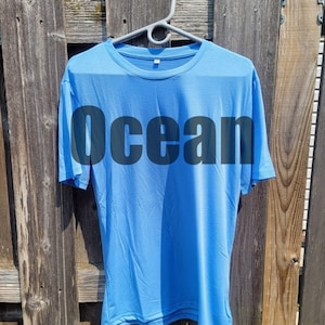 May include: A light blue t-shirt with the word "Ocean" printed in black on the front.