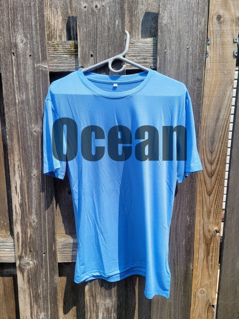 May include: A light blue t-shirt with the word "Ocean" printed in black on the front.