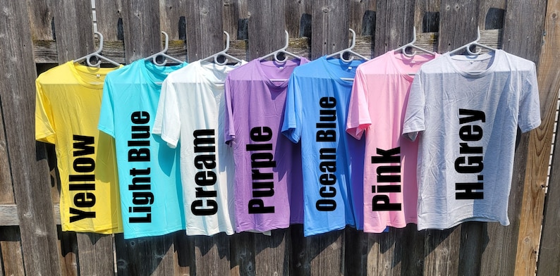 May include: Eight t-shirts hanging on hangers against a wooden background. The t-shirts are in the following colors: yellow, light blue, cream, purple, ocean blue, pink, and light grey. The colors of the t-shirts are written on the front of each shirt.