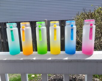 17 oz Glass Sublimation Tumbler, Colorful ombre frosted Water bottle with plastic lid