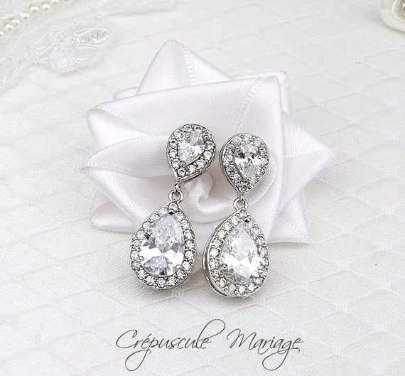 Kelly Silver Bridal Earrings With Clear Cubic Zirconia Etsy