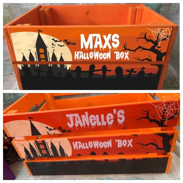 Personalised Crate, Halloween Crate, Wooden Crate, Colour Printed Wood, Halloween, Kids Crate, Trick or Treat, Children Halloween