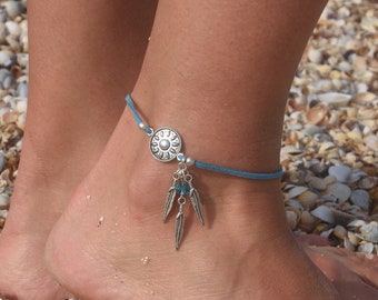 Blue anklet Feather women ankle bracelet Boho jewelry Summer anklet Girlfriend gift Summer outfit Suede cord jewelry for her women gift wife