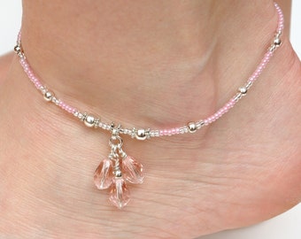 Rose pink Anklet Crystal dangle anklet Beaded Charm anklet feminine anklet Ladies ankle bracelet women anniversary gift PrettyCrochetForYou