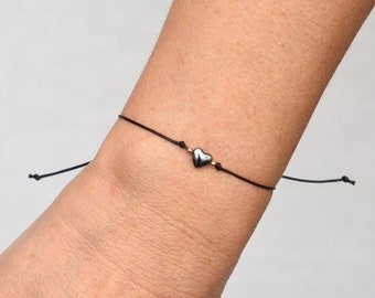 Tiny black heart bracelet Dainty Heart Bracelet hematite Delicate string bracelet women gift lovers gift Friendship bracelet Girlfriend gift