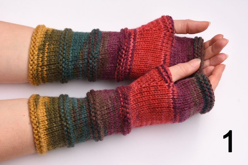 Winter gloves Womens gift for wife bright striped fingerless gloves Knit mittens Arm Warmers hippie hypoallergenic gloves anniversary gift 1 YellowGreenRed