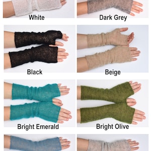 May include: A collection of eight pairs of fingerless gloves in various colors including white, dark grey, black, beige, bright emerald, bright olive, lake water blue, and light gray. Each pair features a sheer, knitted texture with a thumb hole.