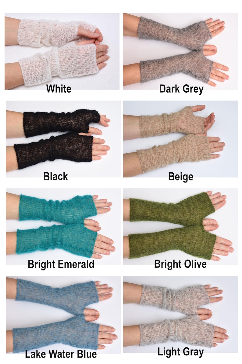 May include: A collection of eight pairs of fingerless gloves in various colors including white, dark grey, black, beige, bright emerald, bright olive, lake water blue, and light gray. Each pair features a sheer, knitted texture with a thumb hole.