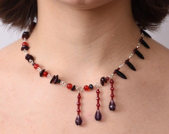 Asymmetry Garnet and crystal necklace gemstone necklace with garnet chips unusual necklace girl natural jewelry Natural Red Garnet choker