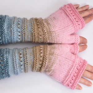 wife gift Fingerless Gloves womens gift Clothing Gift ideas for wives gift for her Knit Winter Gloves Mittens Arm Warmers Wrist Warmers 4 Blue-Beige-Pink