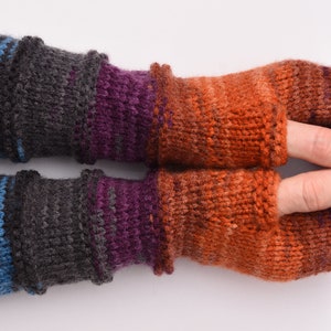 Winter gloves Womens gift for wife bright striped fingerless gloves Knit mittens Arm Warmers hippie hypoallergenic gloves anniversary gift 3 BluePurpleOrange