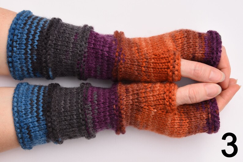 Winter gloves Womens gift for wife bright striped fingerless gloves Knit mittens Arm Warmers hippie hypoallergenic gloves anniversary gift 3 BluePurpleOrange