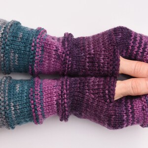 Winter gloves Womens gift for wife bright striped fingerless gloves Knit mittens Arm Warmers hippie hypoallergenic gloves anniversary gift 4 GrayPurple