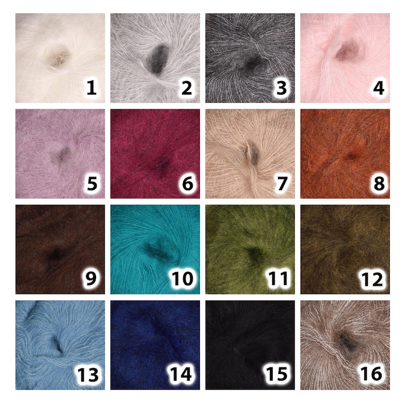 May include: A grid of sixteen skeins of fuzzy, mohair-style yarn in various colors, each labeled with a white number from 1 to 16. The colors include white, gray, black, pink, purple, red, beige, brown, teal, olive green, blue, and dark navy.