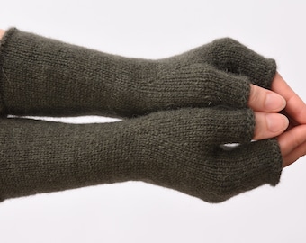 Olive Green Alpaca Fingerless gloves women knit Winter gloves fingerless Mittens Arm Warmers Girlfriend Gift Women gift ideas Christmas gift