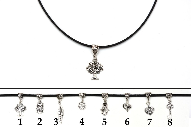 wife gift Black choker jewelry for womens gift Suede choker Tree Charm choker Thin choker Dainty choker Delicate Choker Tree Charm pendant image 1