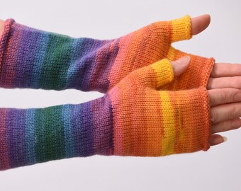 Rainbow gloves Womens gift for wife bright striped fingerless gloves Knit mittens Arm Warmers hippie hypoallergenic gloves anniversary gift