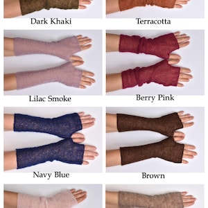 May include: A collection of eight pairs of fingerless gloves in various colors including dark khaki, terracotta, lilac smoke, berry pink, navy blue, brown, light pink, and camel. Each pair features a sheer, lightweight knit texture.