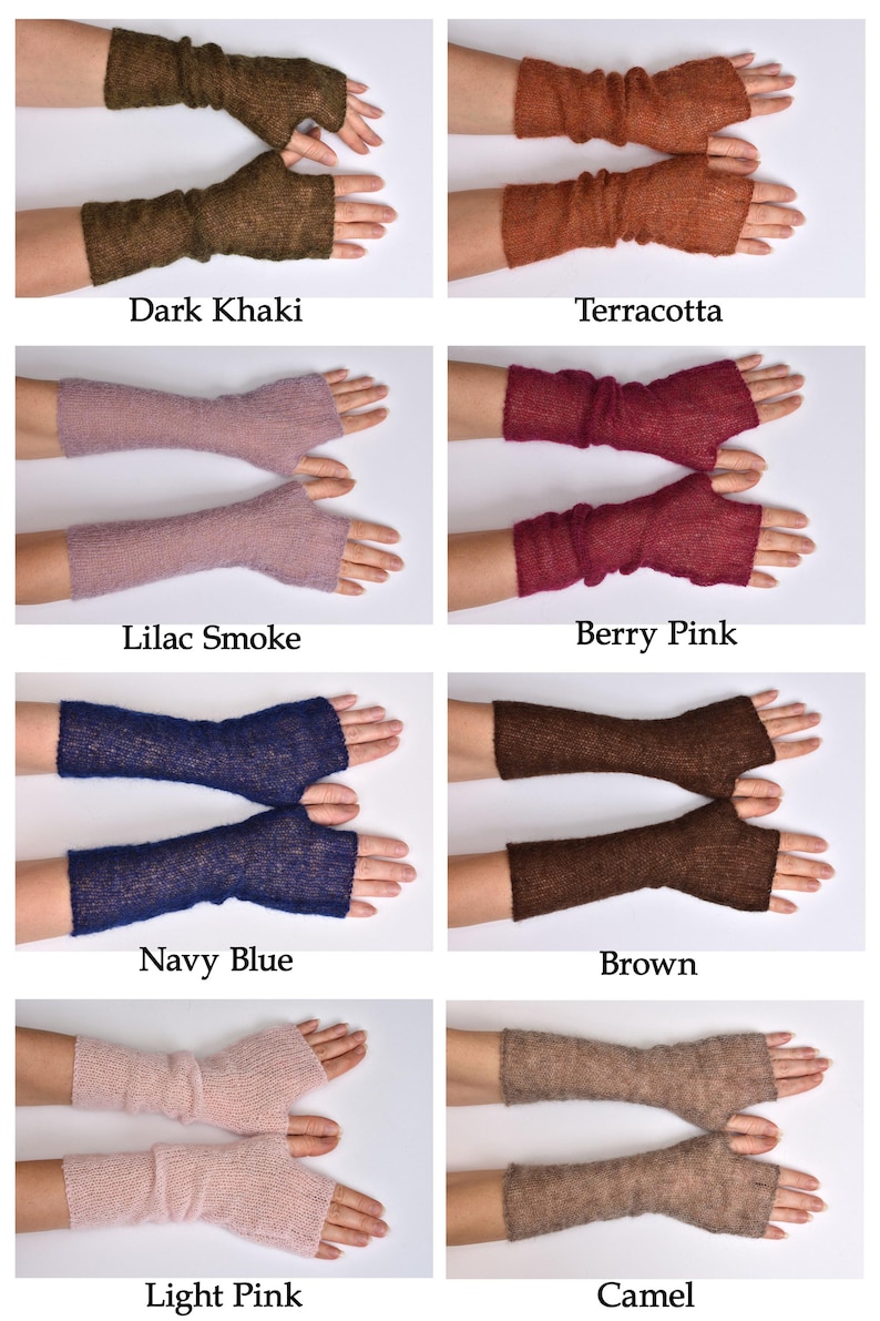 May include: A collection of eight pairs of fingerless gloves in various colors including dark khaki, terracotta, lilac smoke, berry pink, navy blue, brown, light pink, and camel. Each pair features a sheer, lightweight knit texture.