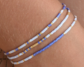 Tiny beaded bracelet blue gold Stacking Minimalist string bracelet Miyuki Delica beads girlfriend gift for her Dainty bracelet beach jewelry
