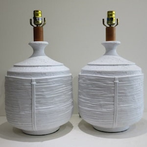 Pair of Faux Stick Reed Plaster Lamps Mid Century Modern Lighting