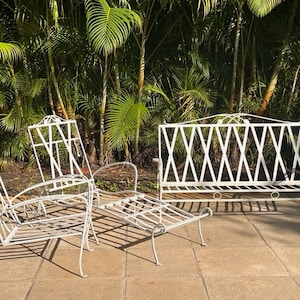 Set Of Salterini Wrought Iron Magnolia Chaise Lounge Loveseat and Club Chair Mid Century Modern Patio Furniture
