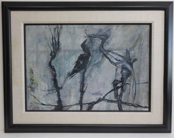Pintura abstracta firmada por el artista. Arte moderno de mediados de siglo.