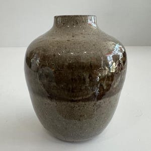 Puede incluir: Un jarrón de cerámica hecho a mano con un cuerpo redondeado y un cuello estrecho. El jarrón presenta una paleta de colores terrosos moteados con tonos marrones y grises. El acabado brillante añade un toque de elegancia.