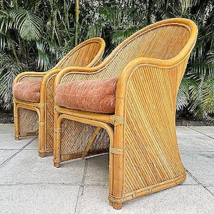 Pair of Rattan Chairs Mid Century Modern Onward Rattan Furniture LTD Made in Hong Kong