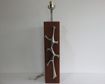Robert Phandeve Style Mid Century Modern Wood Lamp with Raised Chrome Design