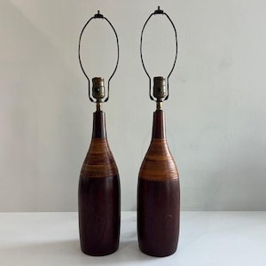 Pair of H Paaske Teak and Rattan Table Lamps Mid Century Modern Lighting Denmark