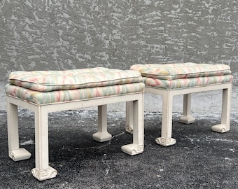 Pair of Flatfoot Fretwork Regency Benches with Flame Stitch Fabric Mid Century Modern Stools