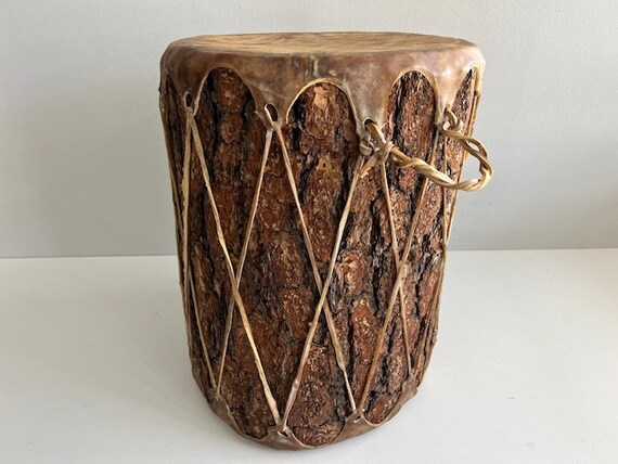 Indian Ceremonial Tree Trunk Drum with Bark and Rawhide