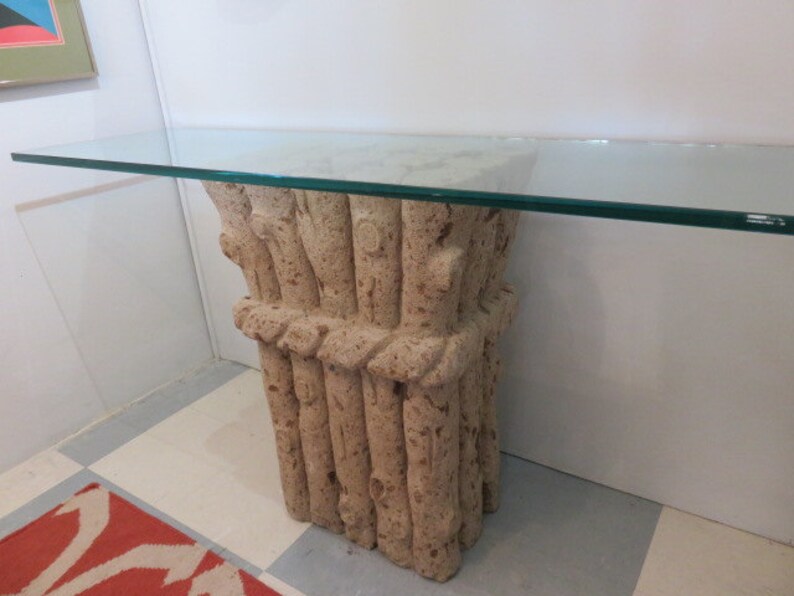 Faux Bois Coquina Stone Console Table With Glass Top