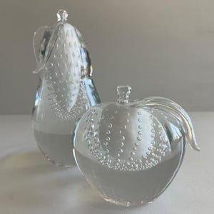 Pair of Elio Raffaeli Studio Art Glass Apple and Pear Bookends Mid Century Modern Fruit Sculptures