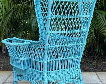 Early Turquoise Painted Wicker High Back Chair Mid Century Modern Furniture