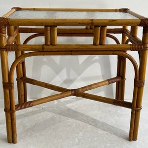 Rectangular Rattan and Glass Side Table Mid Century Modern Coastal Furniture