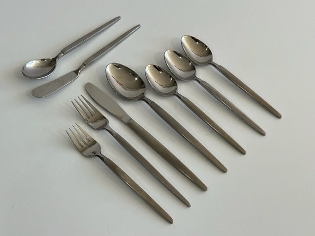 Stanley Roberts Astro Stainless Steel Flatware Set Mid Century Modern Seven Piece Setting for Six People