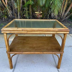 Rectangular Rattan and Glass Side Table Mid Century Modern Coastal Furniture