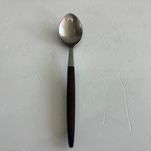 May include: A stainless steel spoon with a dark brown handle. The spoon has a rounded bowl and a long, slender handle. The handle is made of a dark brown material, and the spoon is set against a white background.