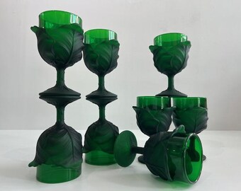 Copas de vino Fenton verde esmeralda con diseño de repollo, juego de bar de mediados de siglo