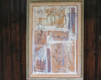 Vintage Signed And Dated Modern Abstract Painting Of A Provocative Scene On Board