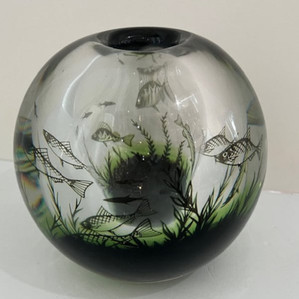 Edward Hald Glass Graal Fish Vessel for Orrefors Mid Century Modern Scandinavian Art Glass Vase