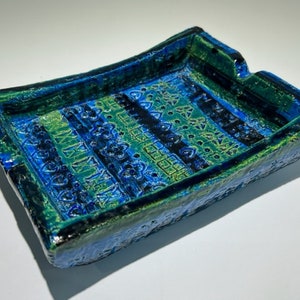 Aldo Londi Bitossi Rimini Blue Glazed Ceramic Rectangular Ashtray Mid Century Modern Pottery Made in Italy