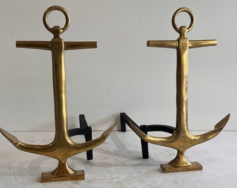 Pair Of Brass Anchor Andirons Mid Century Modern Fireplace Tools