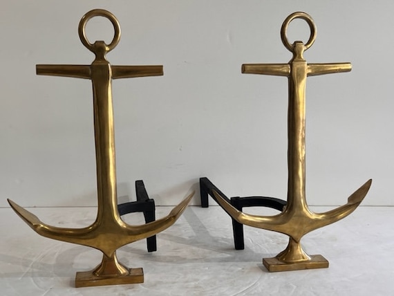 A Pair of Vintage Brass Anchor Form Andirons A Pair of Vintage Brass Anchor Form Andirons