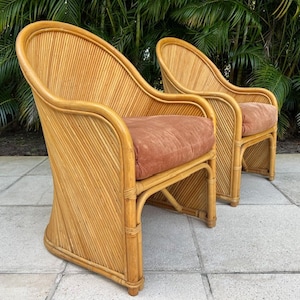 Pair of Rattan Chairs Mid Century Modern Onward Rattan Furniture LTD Made in Hong Kong