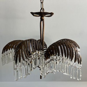 Brass and Crystal Palm Frond Chandelier Mid Century Modern Coastal Palm Tree Lighting